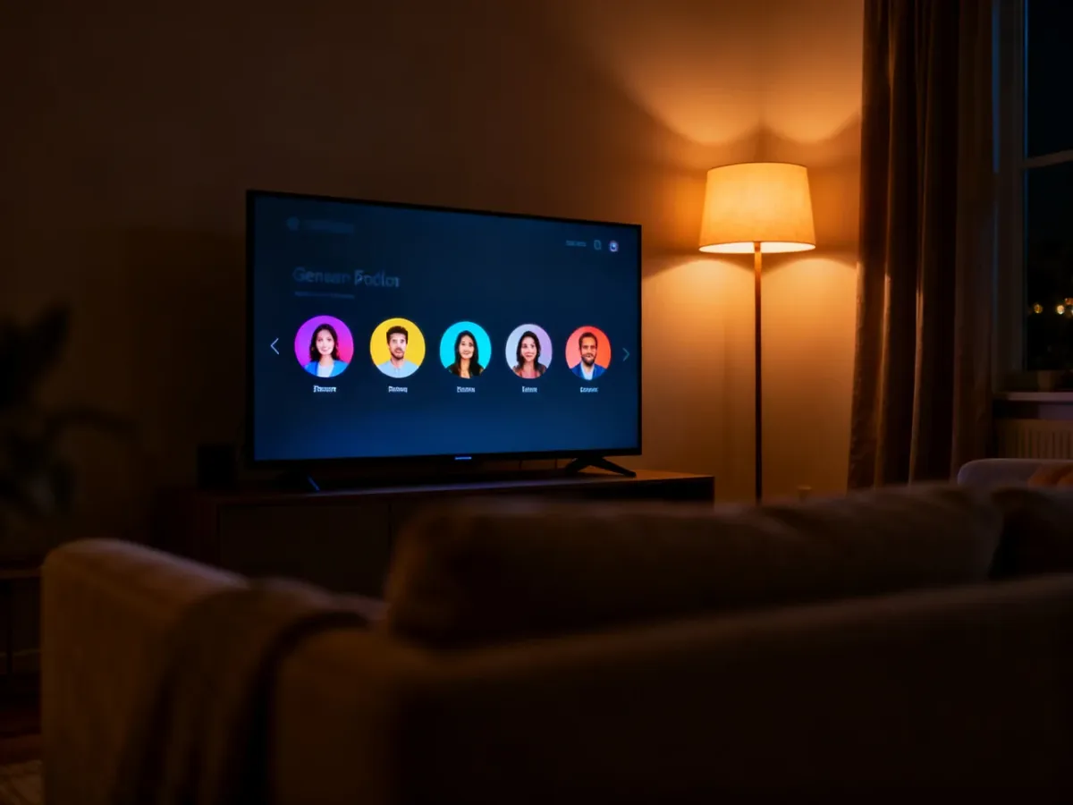 Ekran telewizora z menu wyboru profili użytkownika w przytulnym, wieczornym salonie.