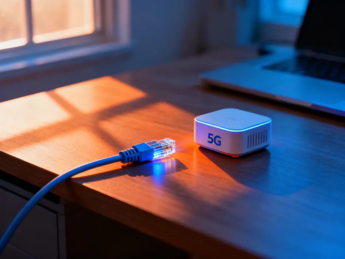 Złącze światłowodowe oraz router 5G na biurku, symbolizujące nowoczesne technologie szybkiego internetu w domu.
