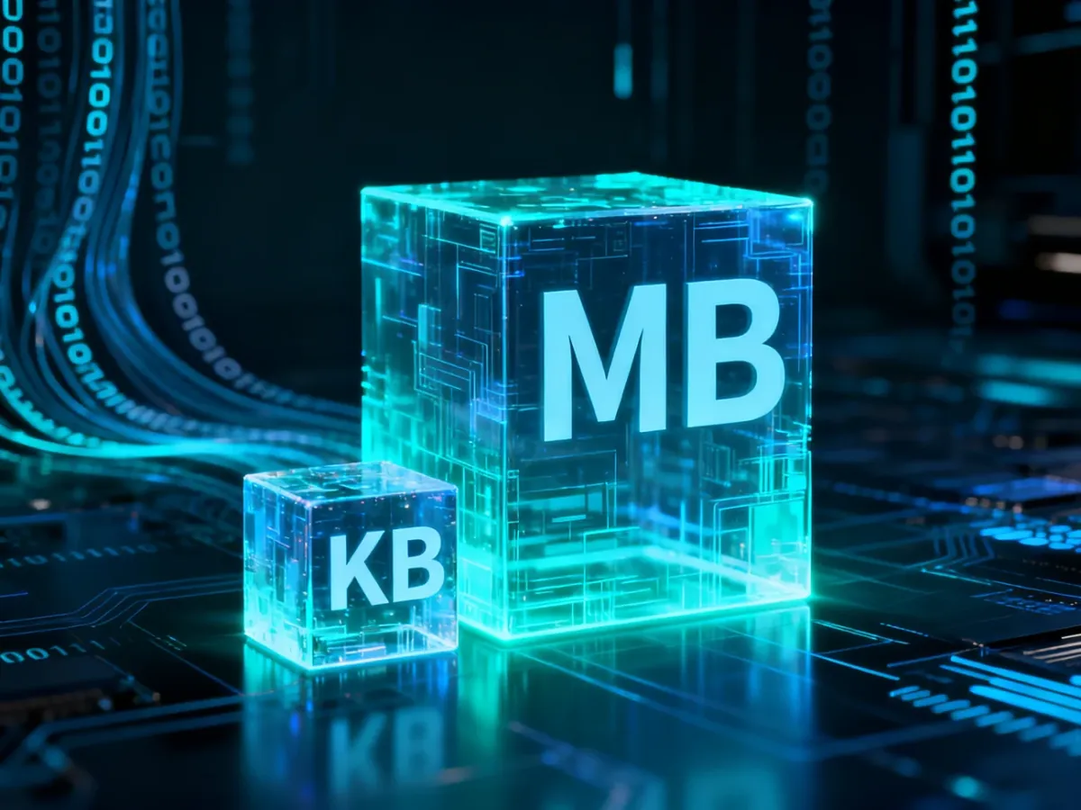 Wizualizacja porównująca rozmiar jednostek danych, przedstawiająca większy blok MB górujący nad mniejszym blokiem KB.