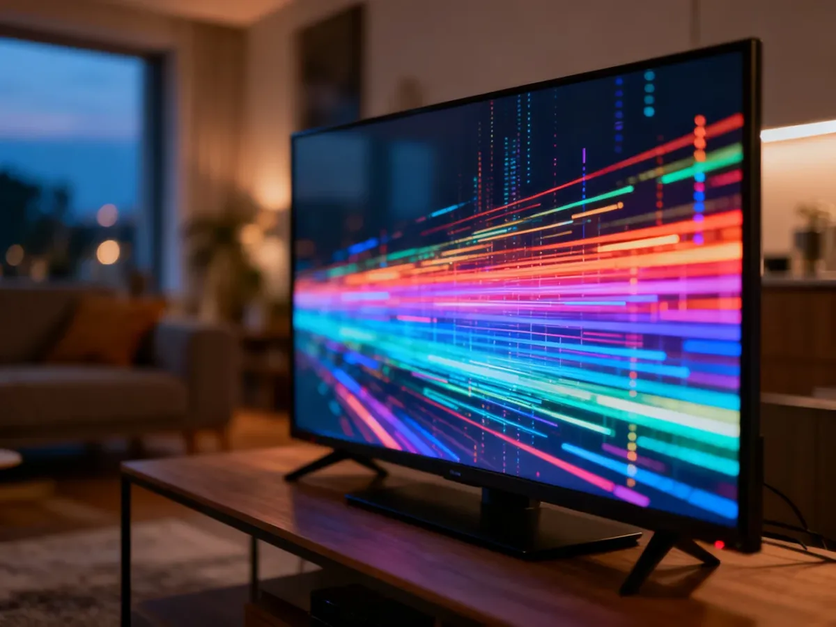 Nowoczesny telewizor w przytulnym salonie wyświetlający cyfrowy obraz, symbolizujący dostęp do telewizji online.