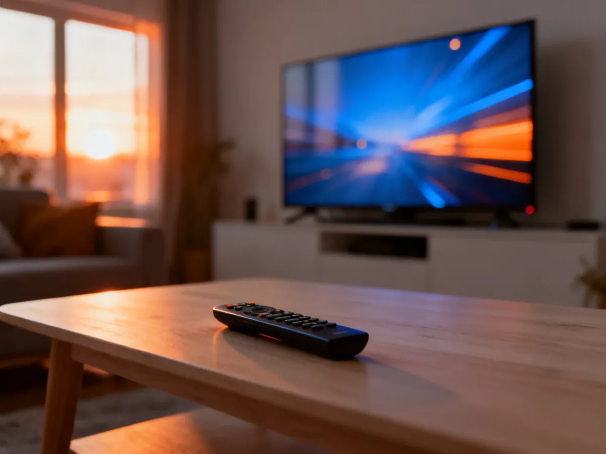 Nowoczesny salon z telewizorem i pilotem na stoliku, tworzący relaksującą atmosferę do oglądania filmów.