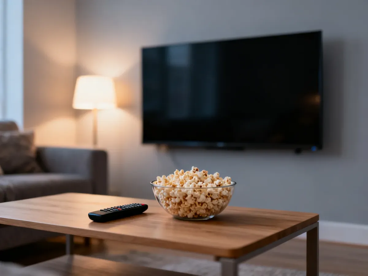 Nowoczesny salon z telewizorem i przekąskami, przygotowany do wieczornego seansu filmowego.