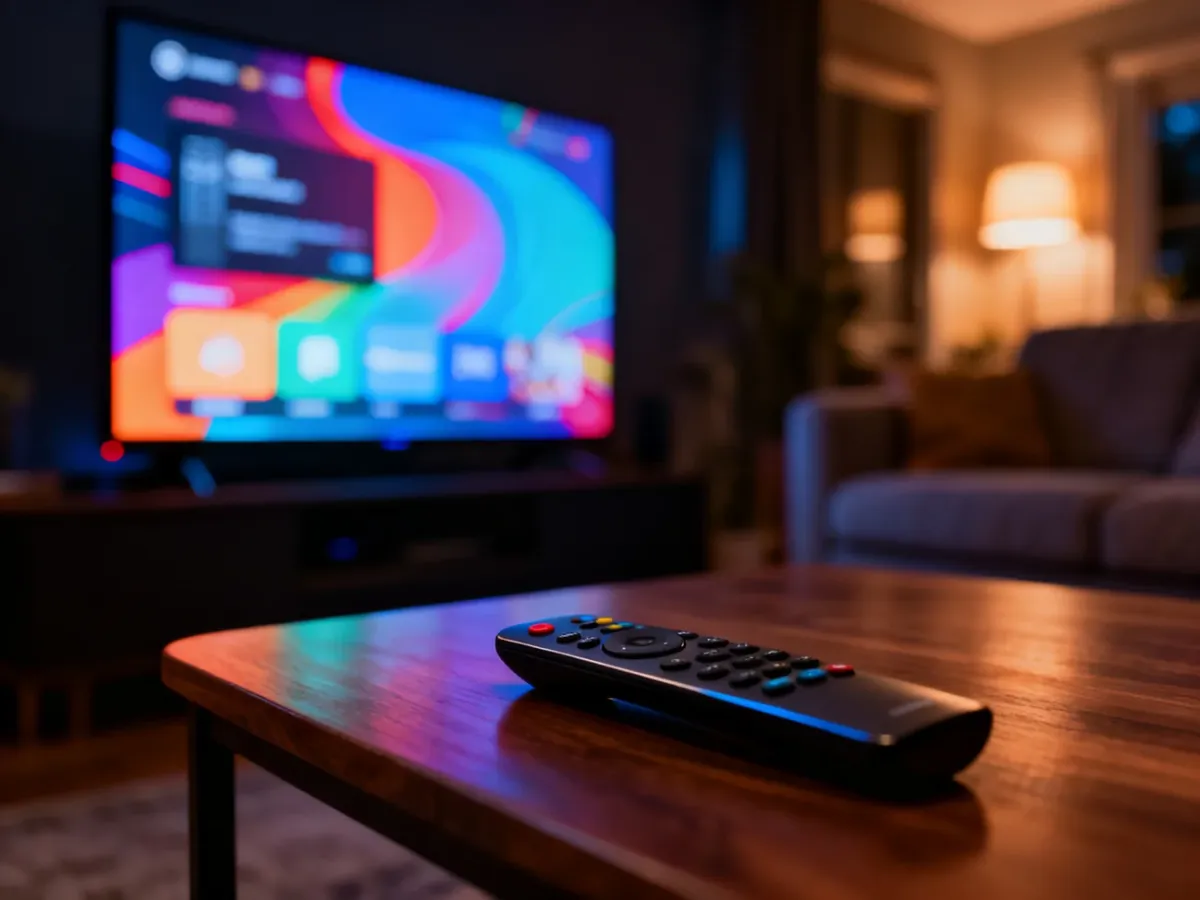 Nowoczesny telewizor z kolorowym interfejsem platformy streamingowej w przytulnym, wieczornym salonie.