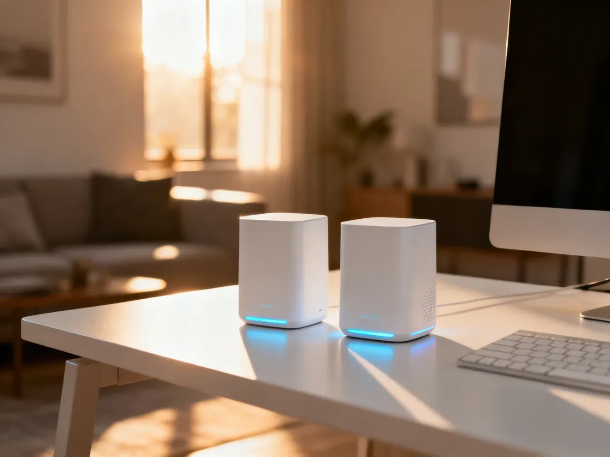 Dwa białe węzły systemu Wi-Fi mesh z delikatnym podświetleniem, umieszczone na minimalistycznym biurku w domowym biurze.