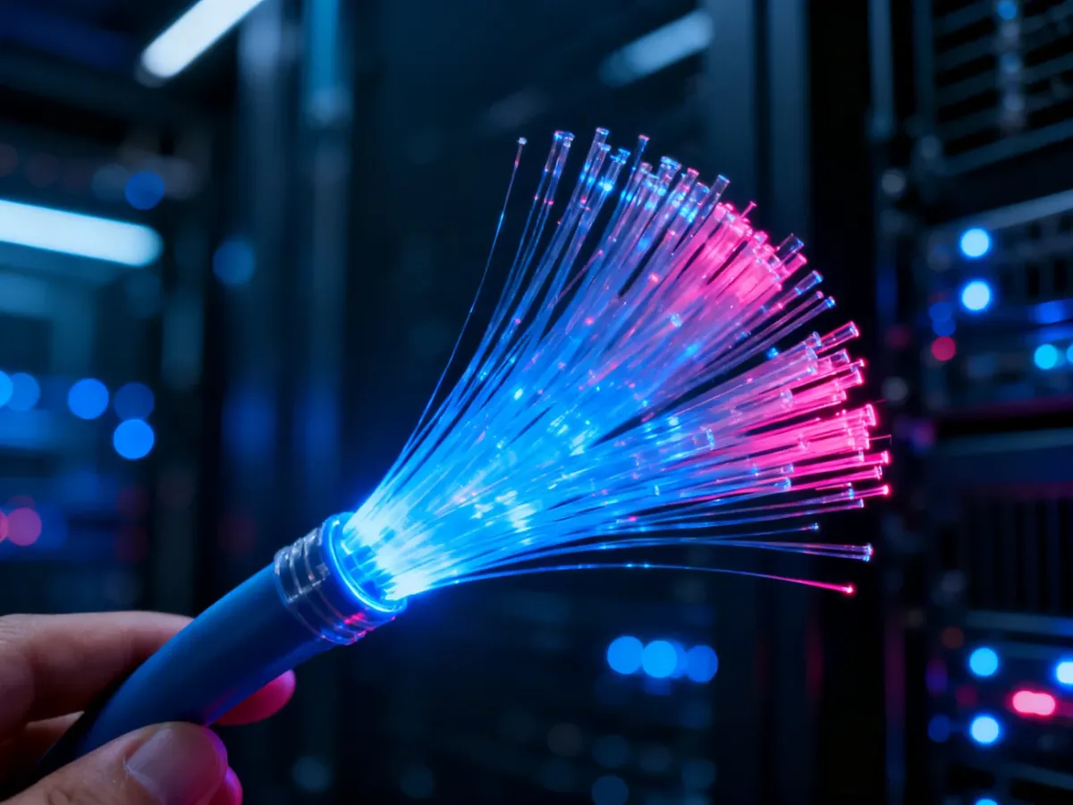 Światłowód z jarzącymi się włóknami szklanymi na tle serwerowni, ilustrujący działanie technologii FTTH.