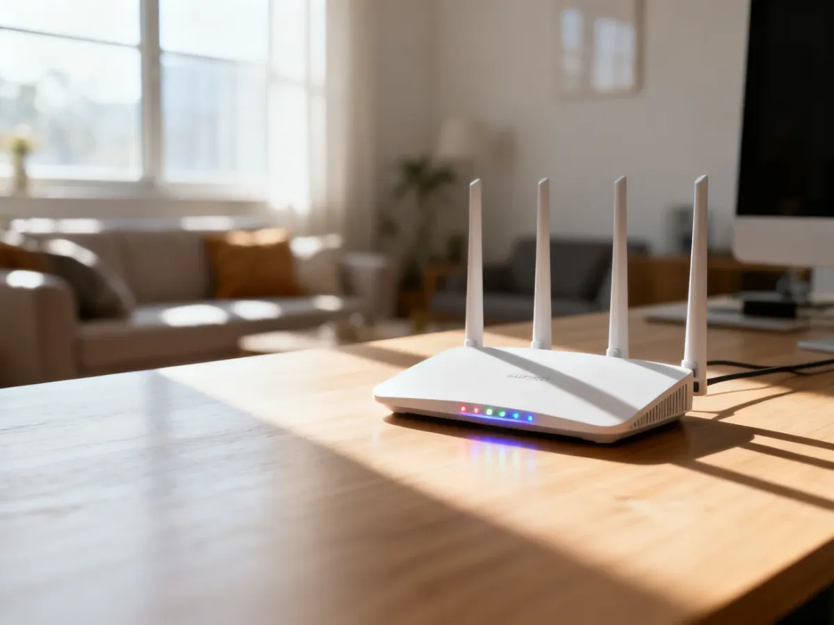 Nowoczesny router bezprzewodowy na biurku w jasnym, minimalistycznym biurze domowym.