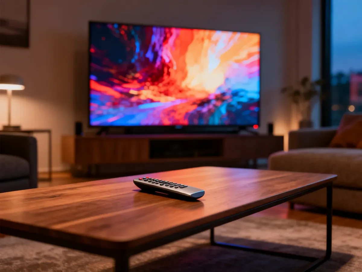 Nowoczesny salon z telewizorem wyświetlającym film, podkreślający kinowe wrażenia z platformy HBO Max.