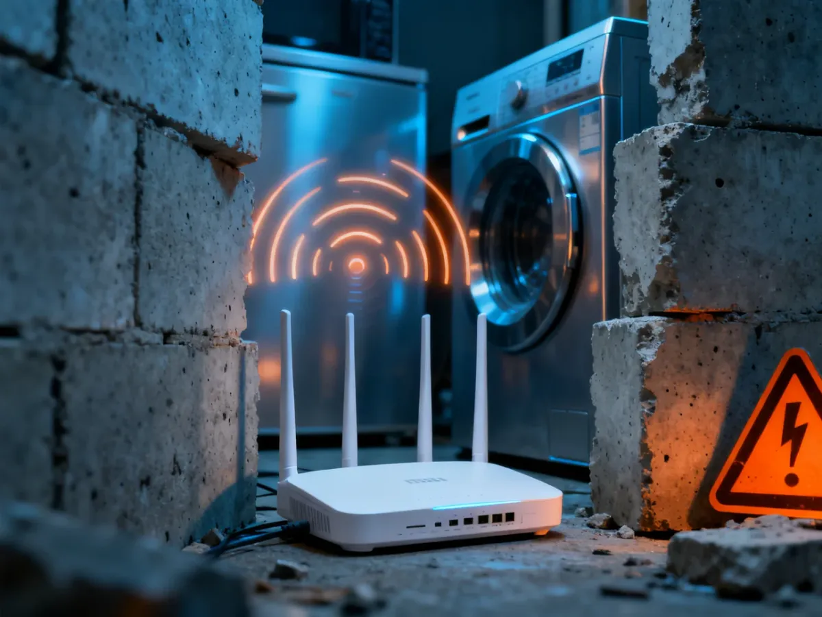 Nowoczesny router WiFi przysłonięty betonowymi ścianami i metalowymi sprzętami, obrazujący fizyczne bariery sygnału.