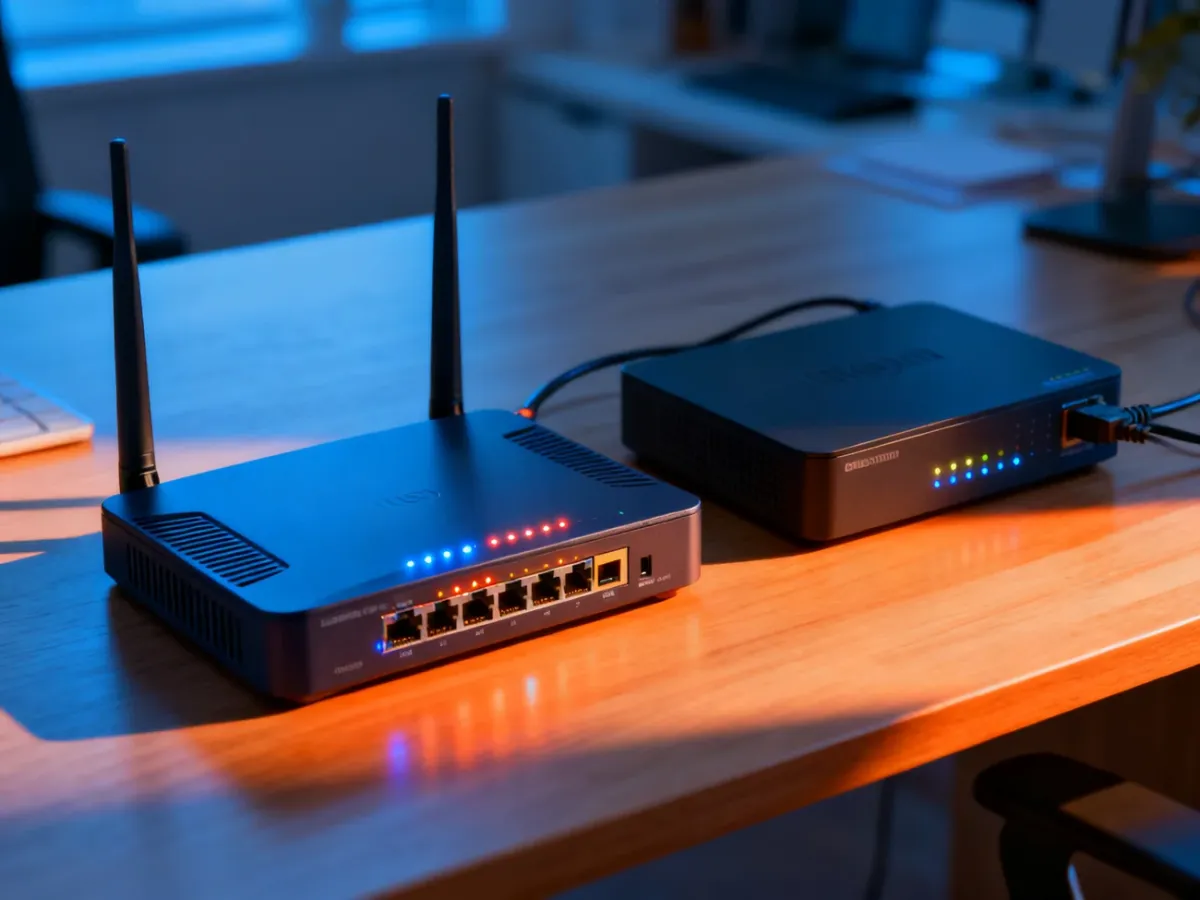 Nowoczesny router i modem kablowy ustawione obok siebie na drewnianym biurku, obrazujące różnice między urządzeniami sieciowymi.