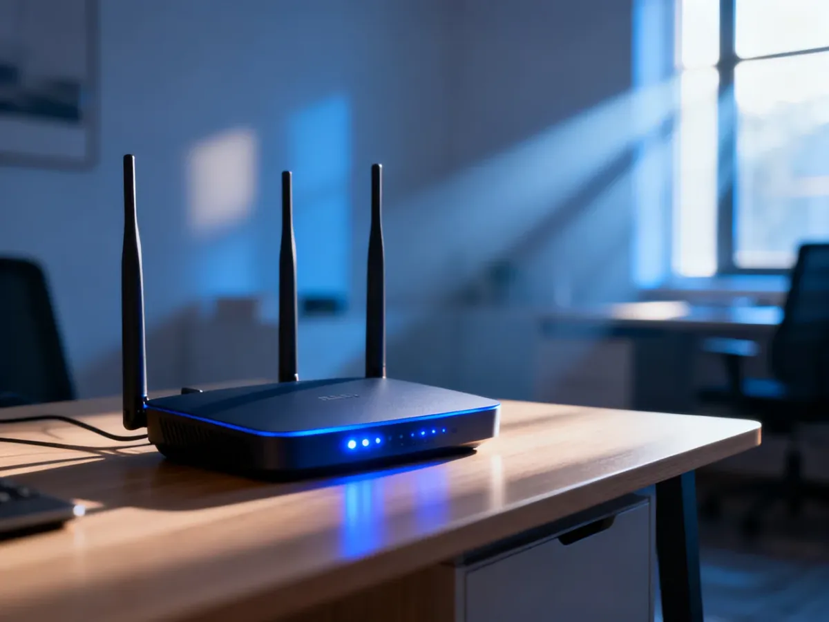 Nowoczesny router Wi-Fi na biurku w domowym biurze, gotowy do konfiguracji ustawień sieci bezprzewodowej.