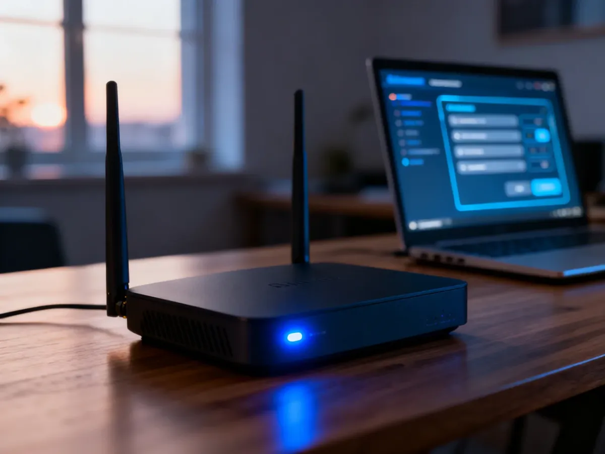 Nowoczesny router bezprzewodowy na biurku z widocznym w tle panelem ustawień sieciowych na ekranie laptopa.