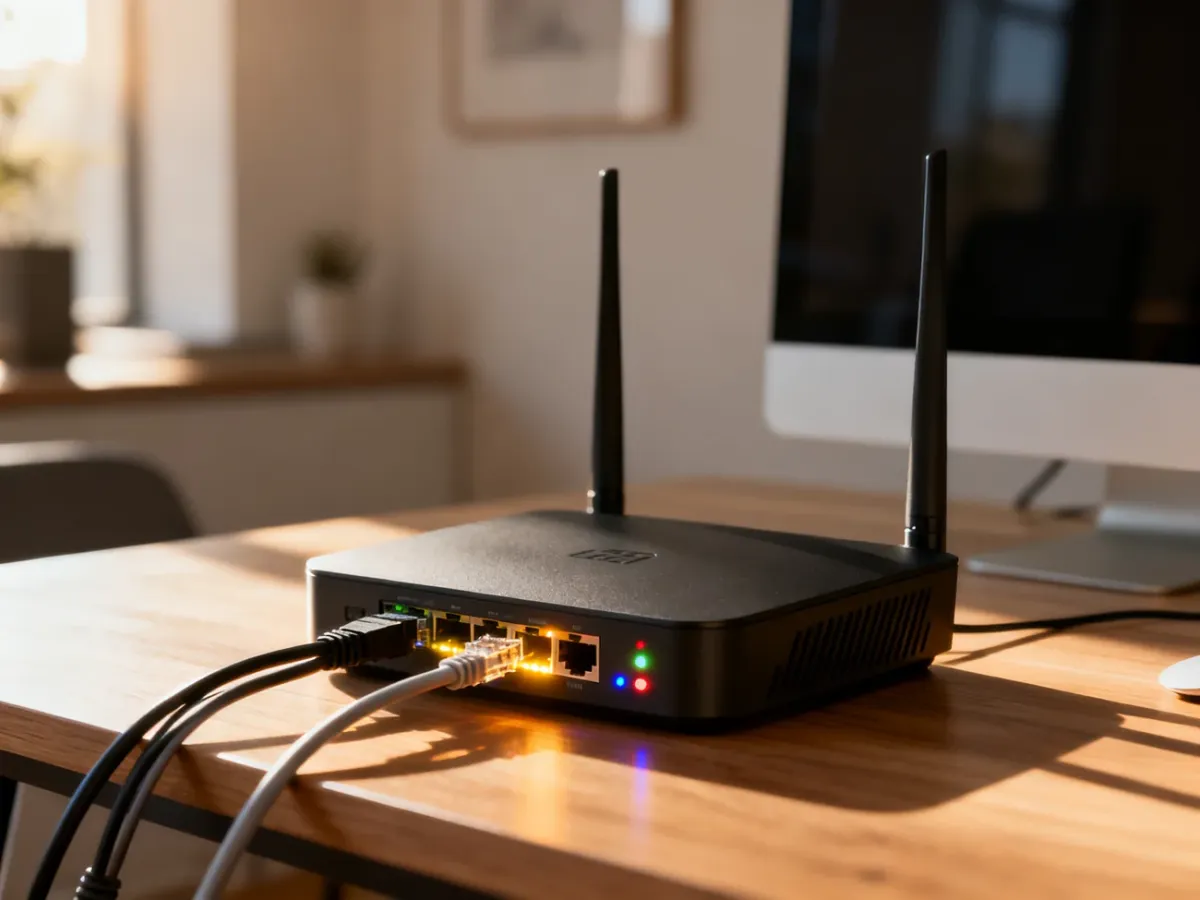 Nowoczesny router przewodowy z podłączonymi kablami Ethernet na drewnianym biurku w domowym biurze.