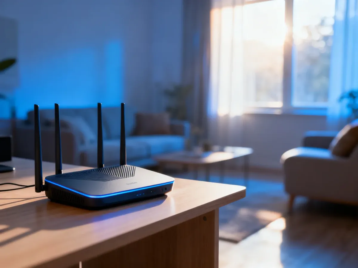 Nowoczesny router bezprzewodowy na drewnianym biurku w przytulnym salonie, gotowy do konfiguracji sieci Wi-Fi.