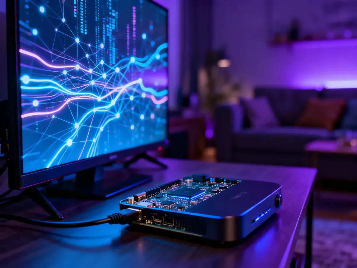 Nowoczesne urządzenie do streamingu podłączone do monitora, wyświetlające cyfrowe dane w domowym salonie.