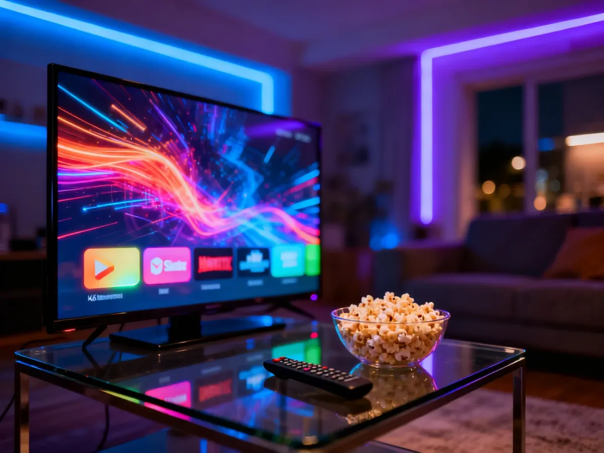 Nowoczesny salon z telewizorem wyświetlającym kolorowe ikony serwisów streamingowych, popcornem i pilotem na stole.