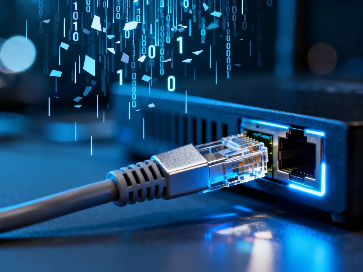 Kabel ethernet podłączony do portu routera na tle cyfrowych strumieni danych, symbolizujący przesył informacji w sieci.