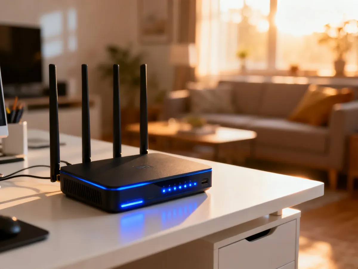 Nowoczesny router z aktywnymi diodami LED na biurku w domowym biurze, gotowy do konfiguracji sieci Wi-Fi.