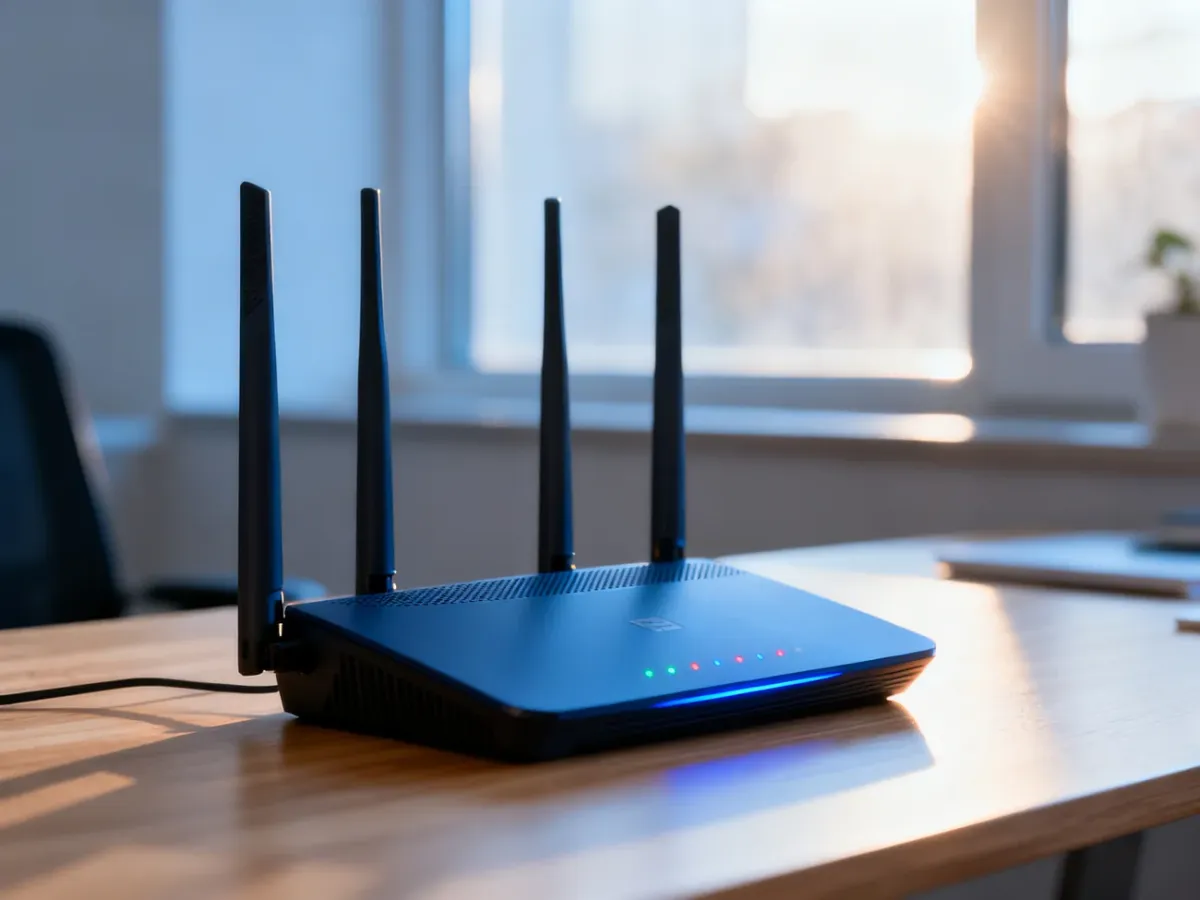 Nowoczesny router Wi-Fi na drewnianym biurku w jasnym domowym biurze, gotowy do obsługi szybkiego światłowodu.