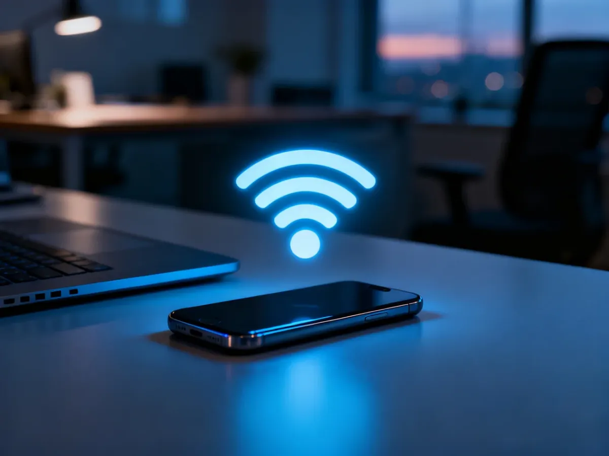 Świecąca ikona sygnału bezprzewodowego łącząca smartfon z laptopem, symbolizująca technologię Wi-Fi Direct.