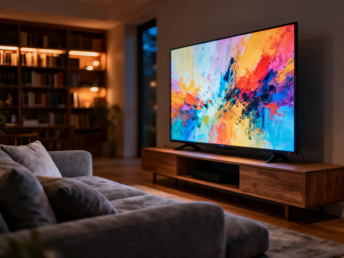 Nowoczesny salon z wygodną sofą i dużym telewizorem, idealny do domowych seansów filmowych.