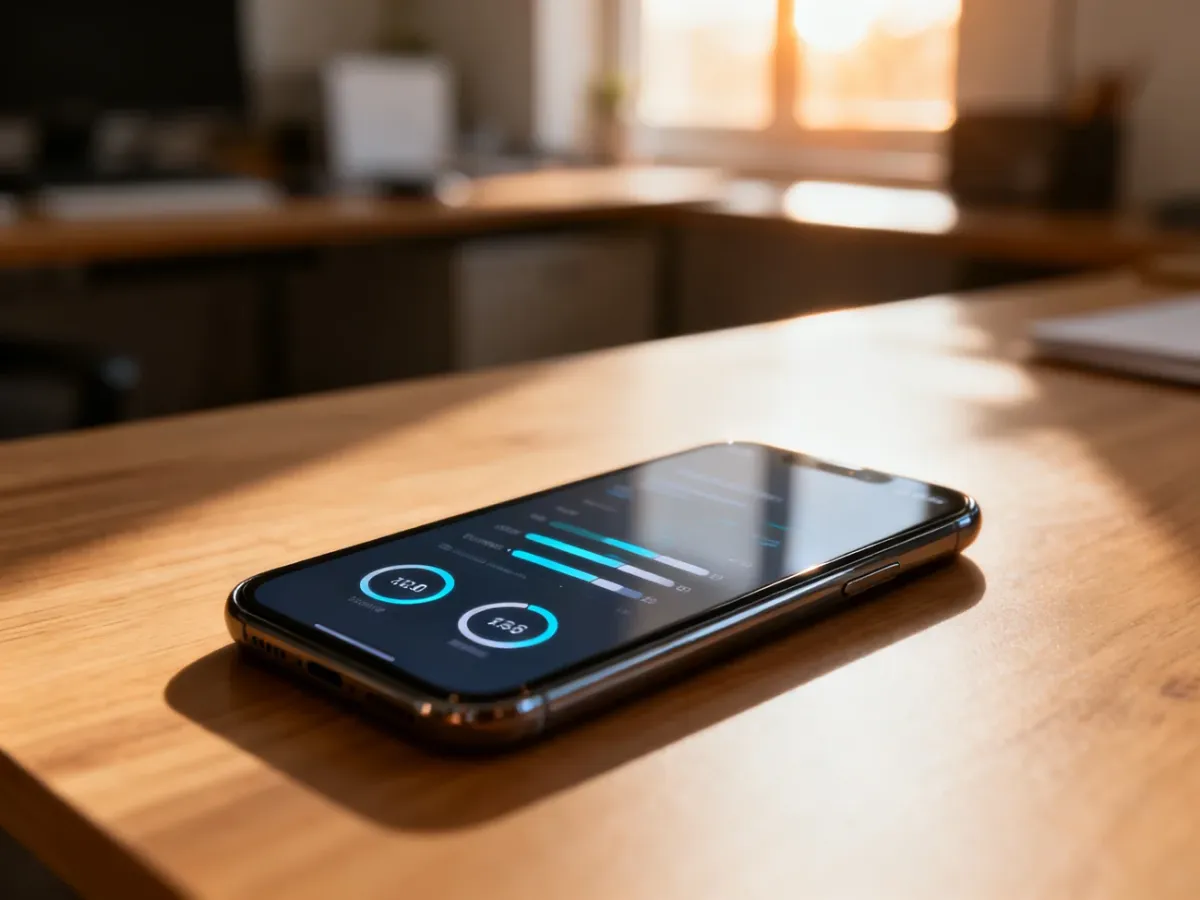 Smartfon z cyfrowym interfejsem przedstawiającym postęp usługi, leżący na biurku w domowym biurze.