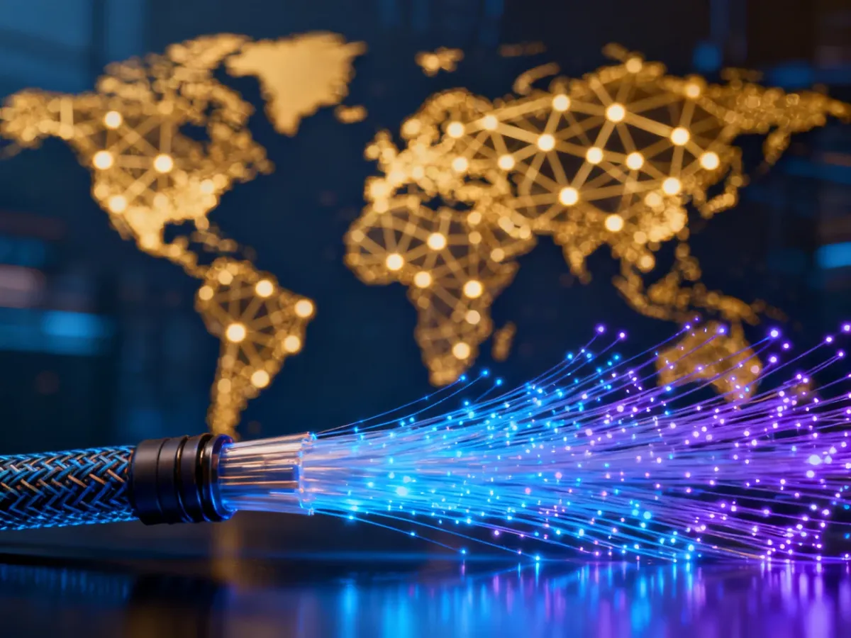 Wizualizacja globalnej sieci internetowej z przesyłem danych w formie światłowodów i cyfrowej mapy świata.