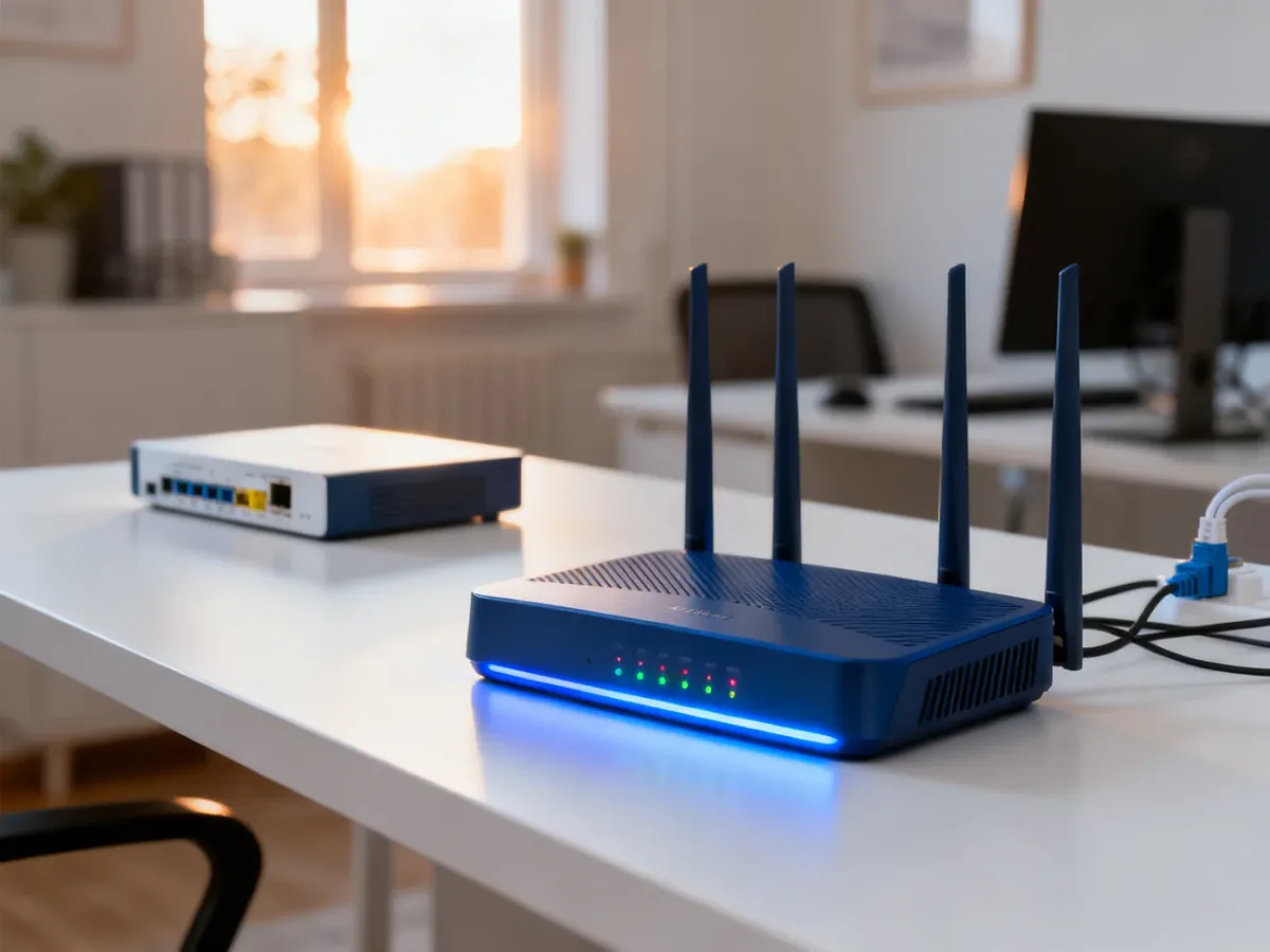 Nowoczesny router światłowodowy na biurku, symbolizujący szybkie i stabilne łącze internetowe w domowym biurze.