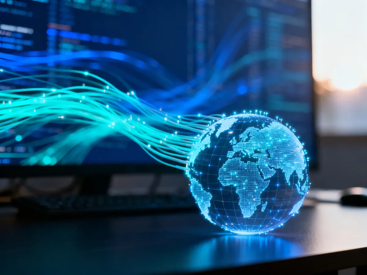 Świetlisty model kuli ziemskiej z kabli światłowodowych, symbolizujący globalną łączność i przepływ danych w internecie.