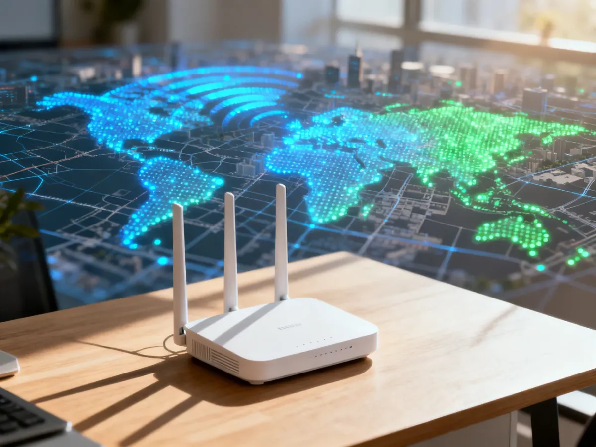 Nowoczesny router Wi-Fi na biurku na tle cyfrowej mapy zasięgu sieci, symbolizującej sprawdzanie dostępności internetu.