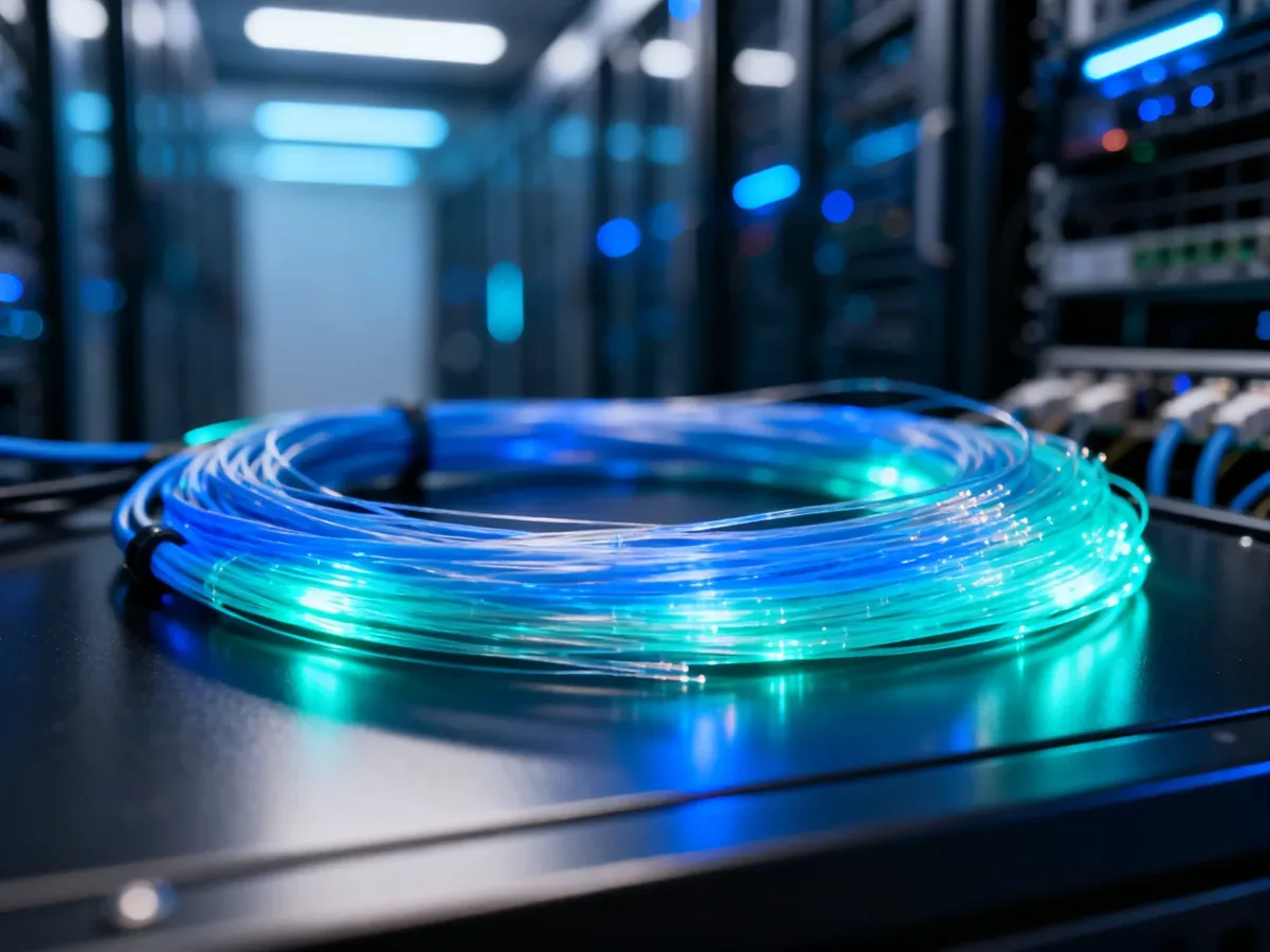 Świecące kable światłowodowe na metalowym podłożu, symbolizujące nowoczesną technologię przesyłu danych.