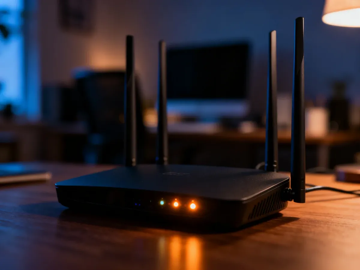 Nowoczesny router Wi-Fi z migającymi diodami w domowym biurze, symbolizujący stabilność połączenia internetowego.
