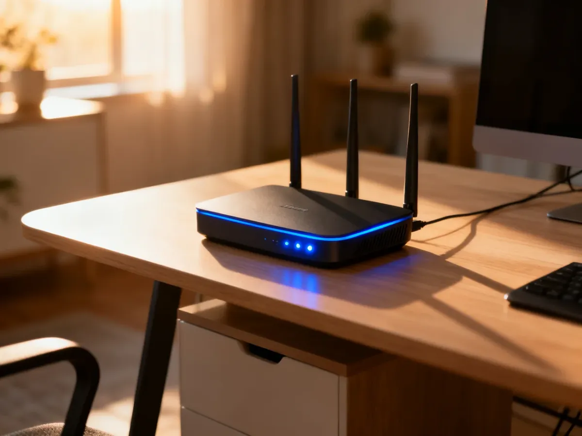 Nowoczesny router bezprzewodowy na drewnianym biurku, symbolizujący szybki i stabilny internet LTE w domu.