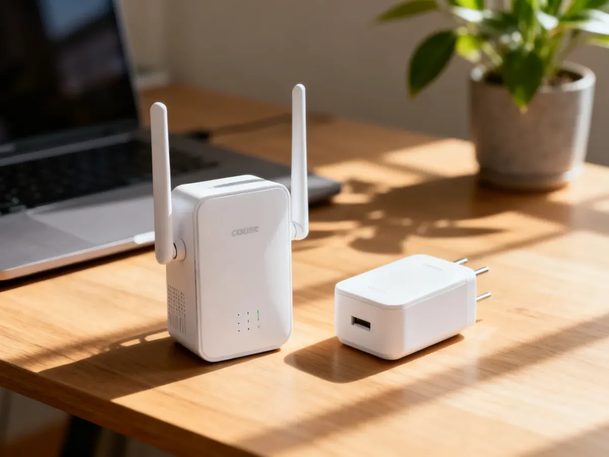 Dwa nowoczesne wzmacniacze sygnału Wi-Fi – model z antenami oraz kompaktowa wersja wtykowa – na biurku w domowym biurze.