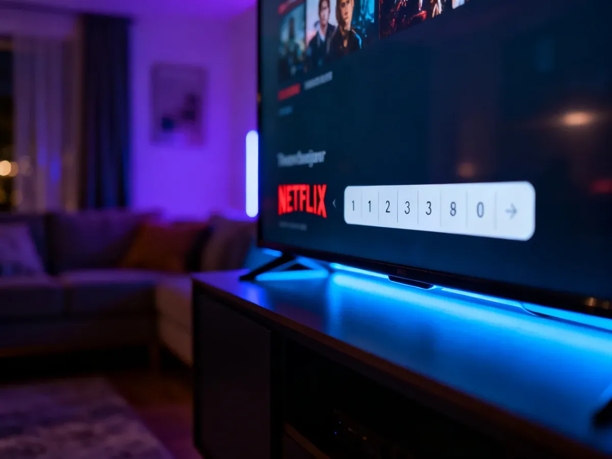 Ekran telewizora z interfejsem Netflix i polem do wpisania kodu w przytulnym, nastrojowo oświetlonym salonie.