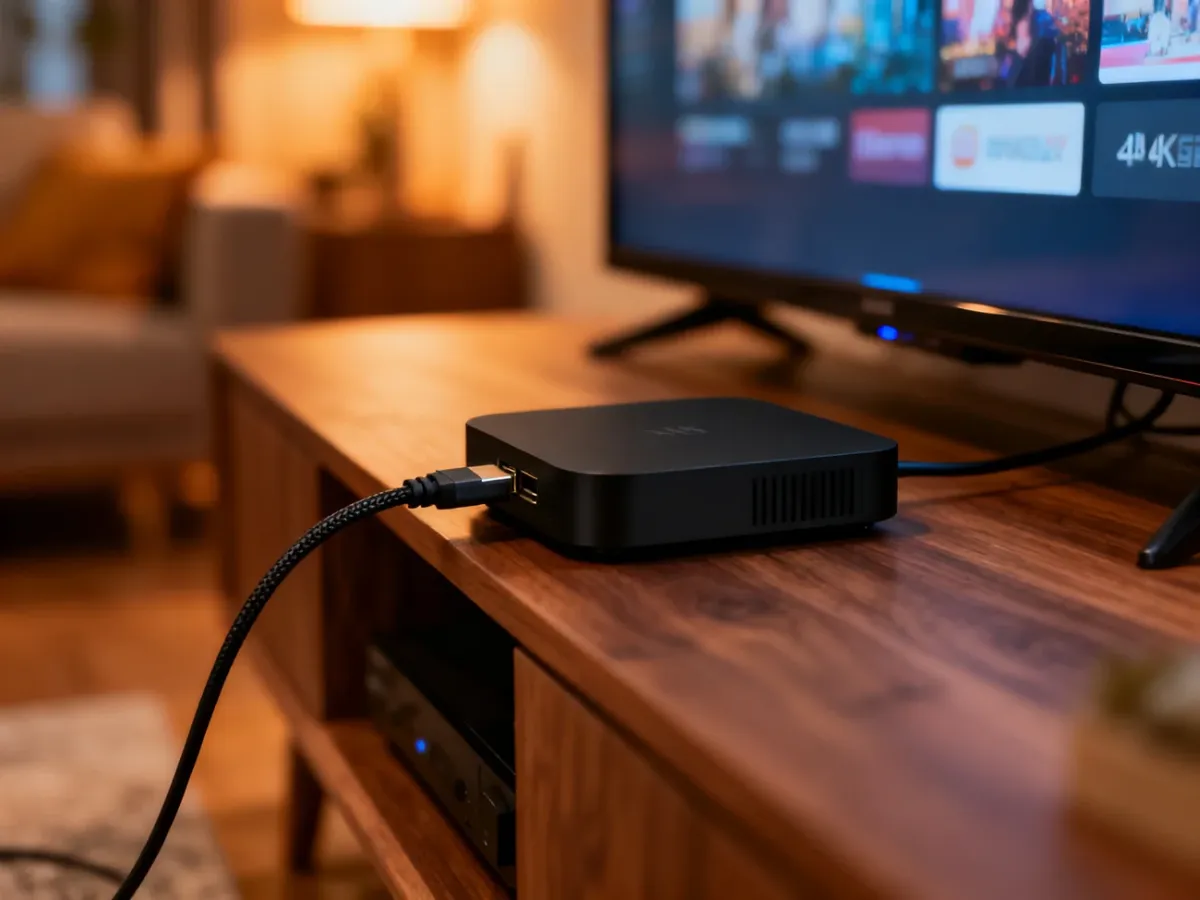 Czarny dekoder Polsat Box 4K ustawiony na drewnianej szafce RTV w nowoczesnym salonie.