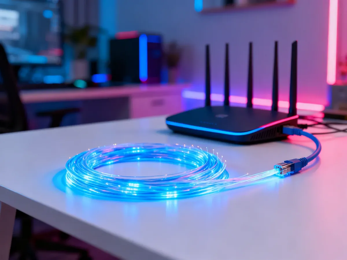 Zwijany kabel światłowodowy z niebieskim podświetleniem na biurku, symbolizujący nowoczesne łącze internetowe.