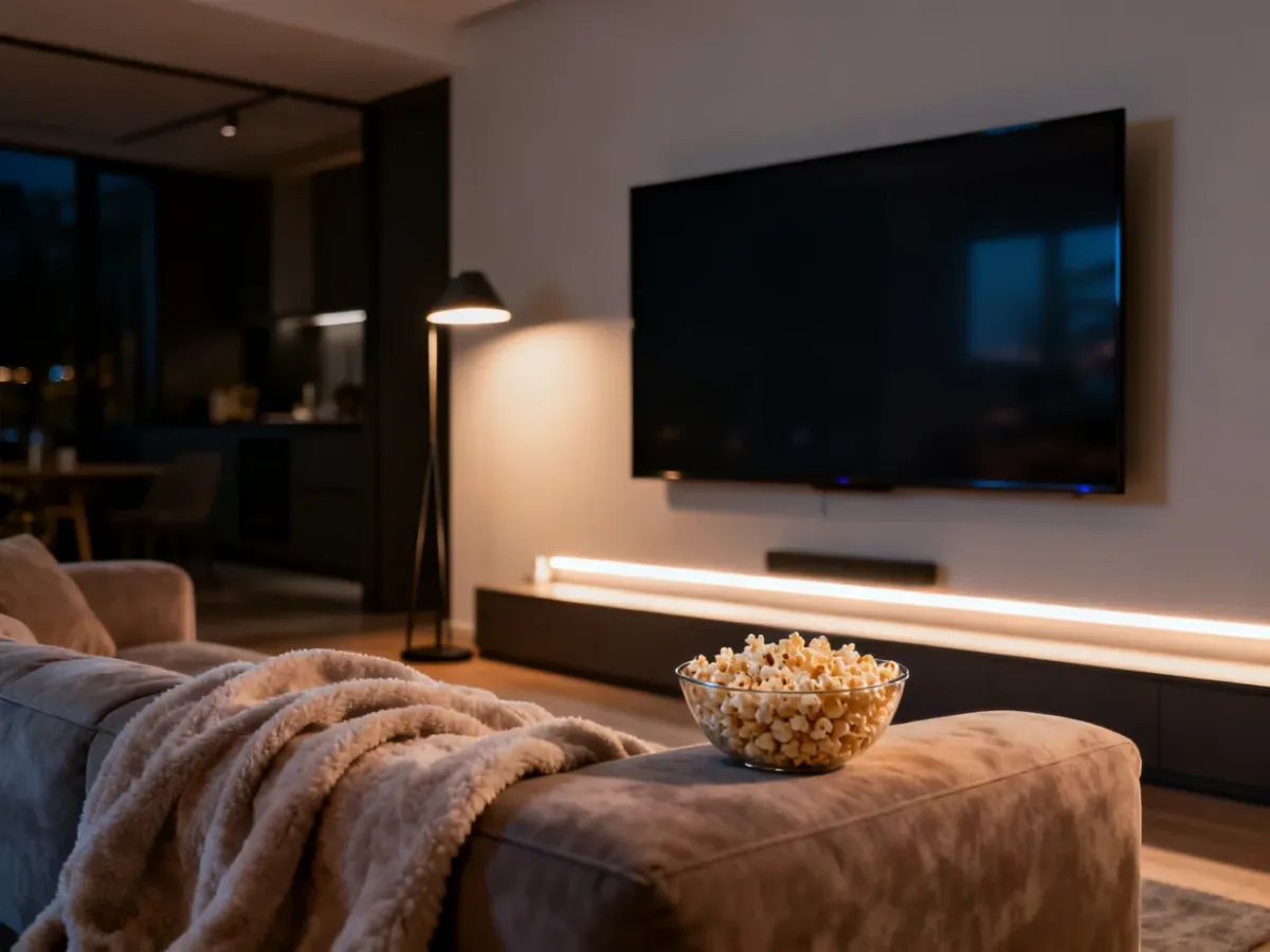 Przytulny salon z dużym telewizorem, kocem i popcornem, tworzący idealną atmosferę do domowych seansów filmowych.