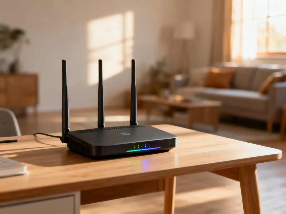 Nowoczesny router bezprzewodowy na drewnianym biurku w jasnym, przestronnym salonie.