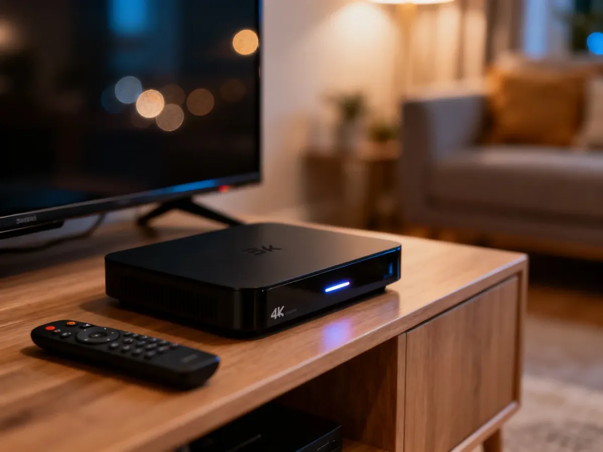 Dekoder Polsat Box 4K Lite wraz z pilotem na drewnianej szafce RTV w przytulnym salonie.