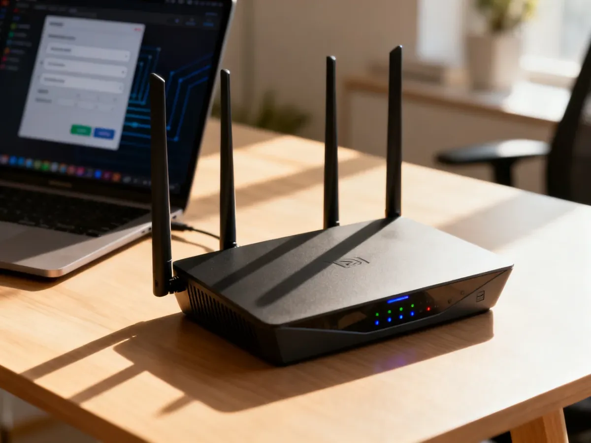 Nowoczesny router bezprzewodowy na biurku w domowym biurze, gotowy do konfiguracji sieci.