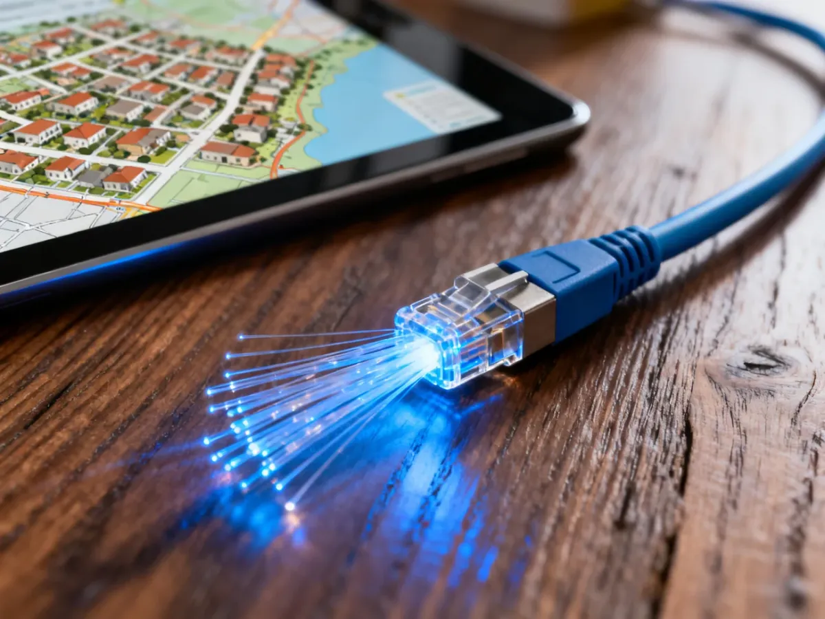 Światłowód leżący na drewnianym biurku z widoczną w tle mapą planowanej sieci internetowej.
