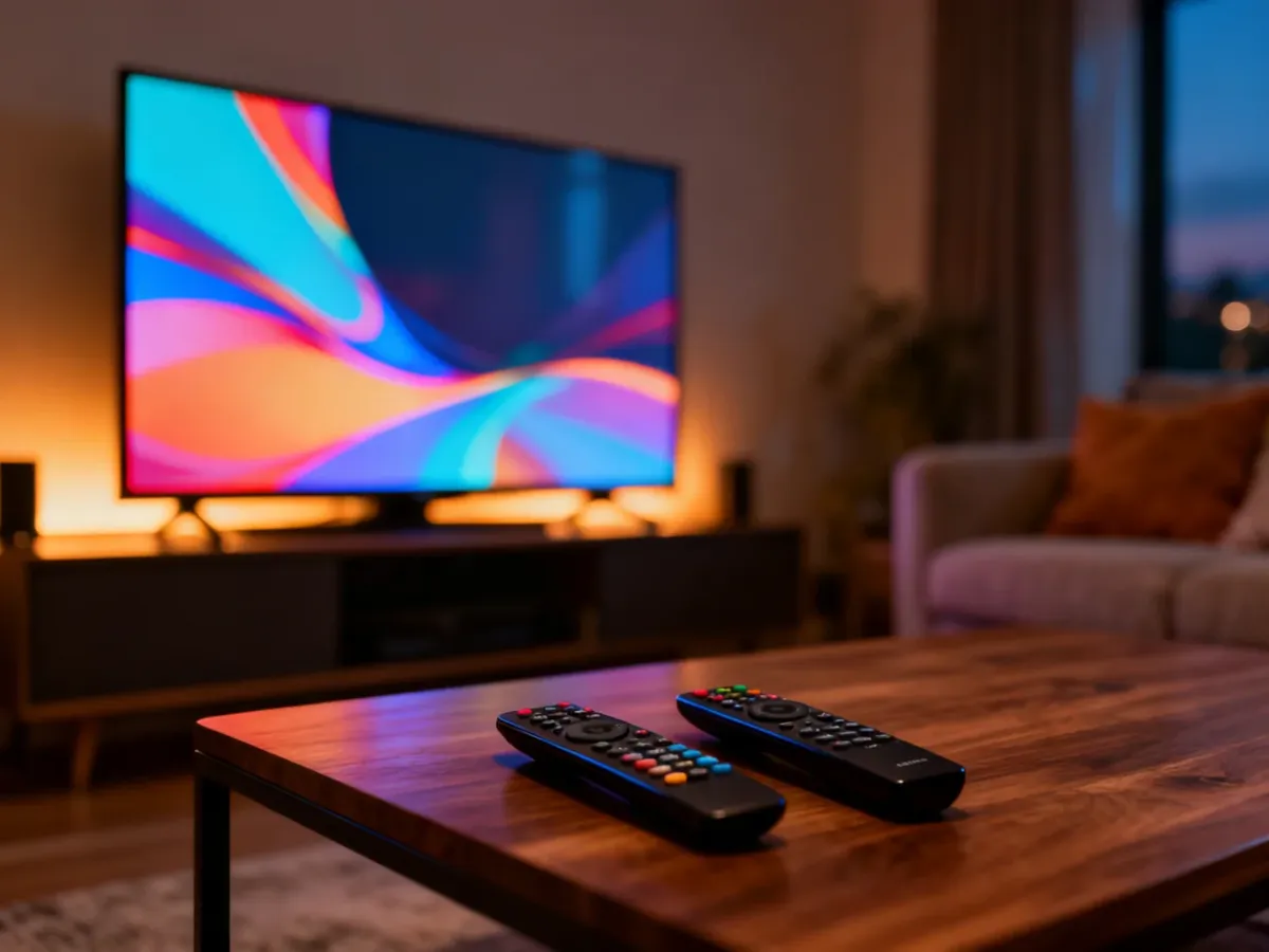 Nowoczesny salon z telewizorem i dwoma pilotami na stole, symbolizujący wybór między platformami streamingowymi.