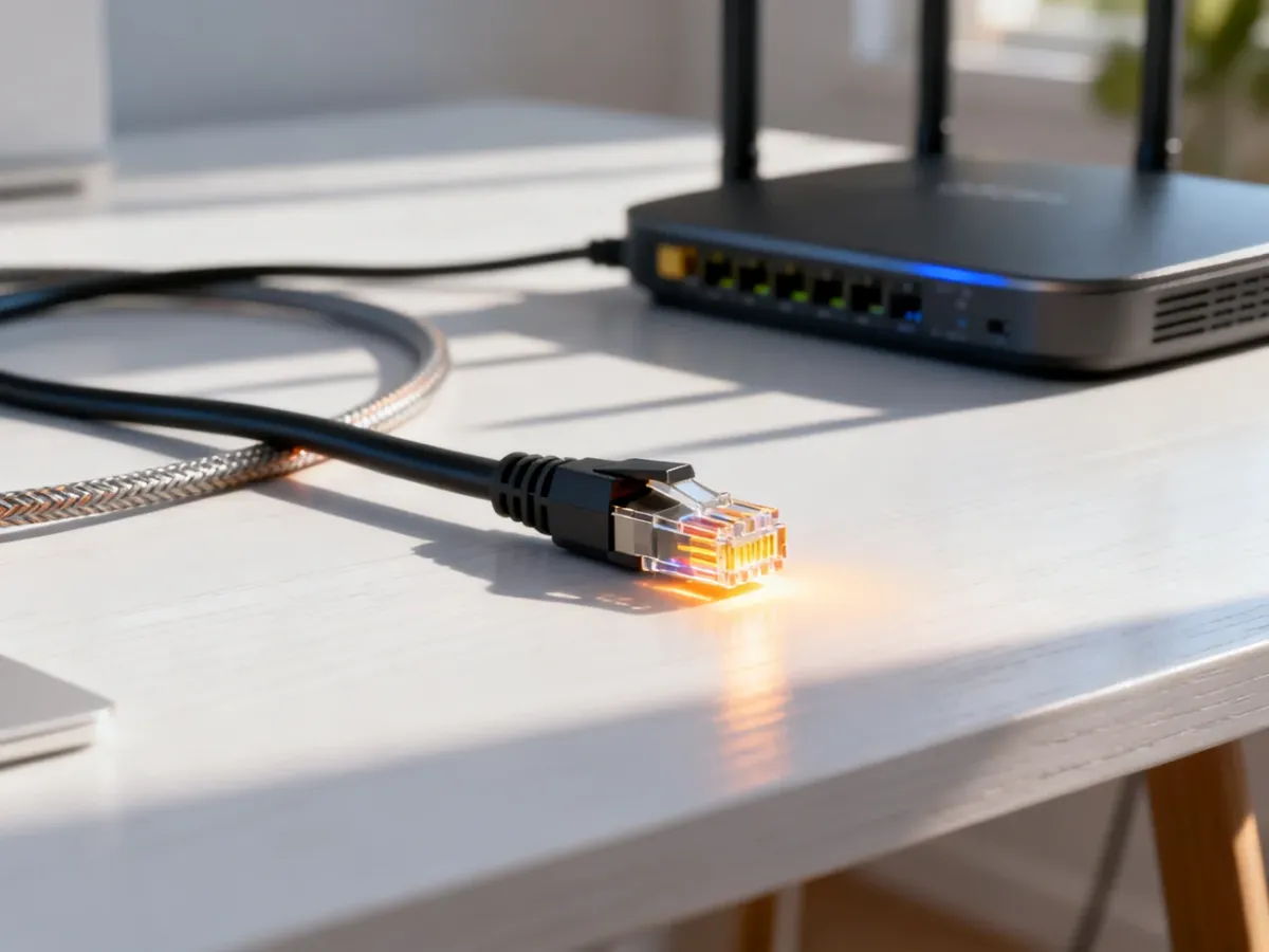 Porównanie nowoczesnego światłowodu z kablem koncentrycznym na biurku, w tle domowy router.