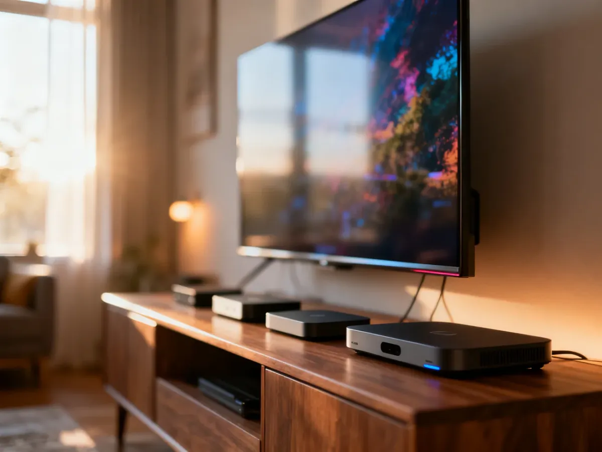 Nowoczesny salon z telewizorem i zestawem urządzeń do streamingu, obrazujących możliwości usługi multiroom.