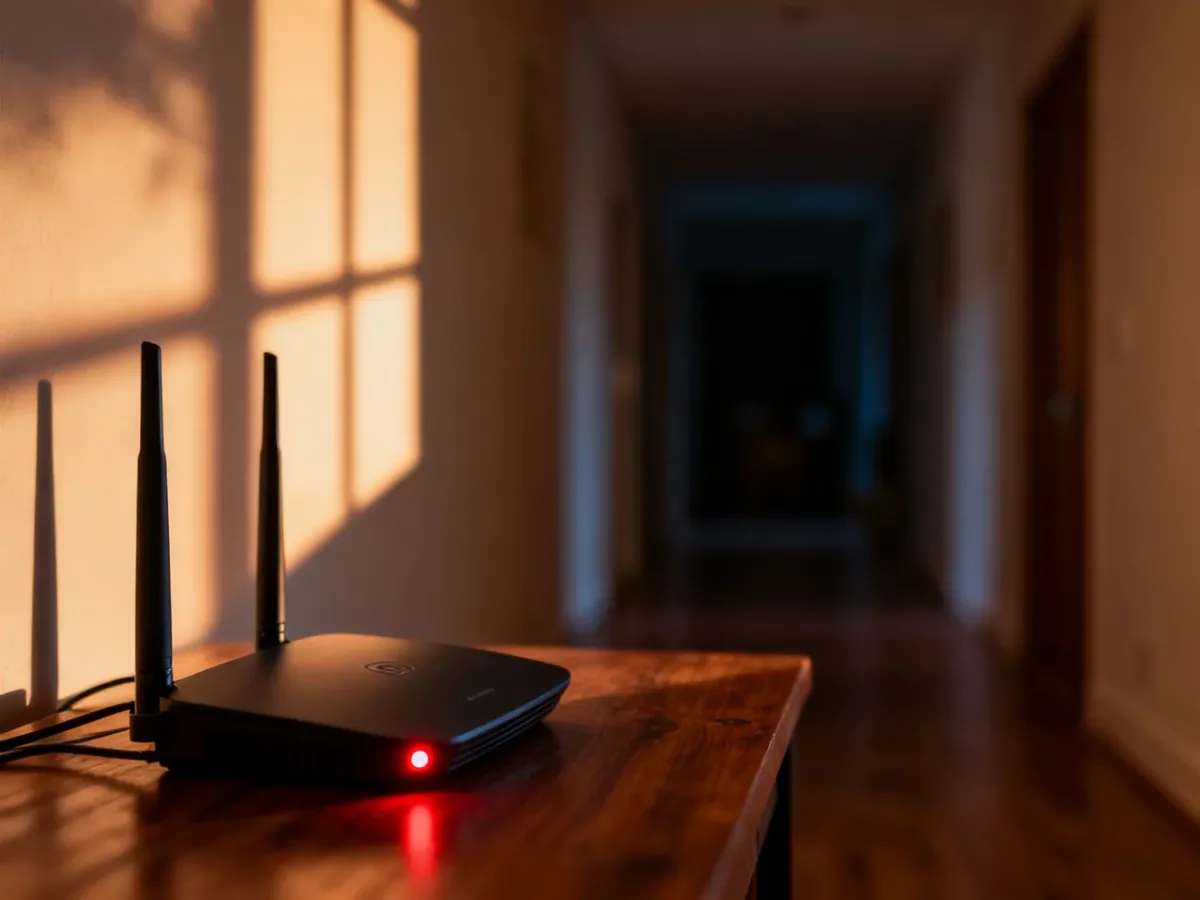 Nowoczesny router z czerwoną diodą na tle długiego, ciemnego korytarza, obrazujący problem słabego zasięgu Wi-Fi w domu.