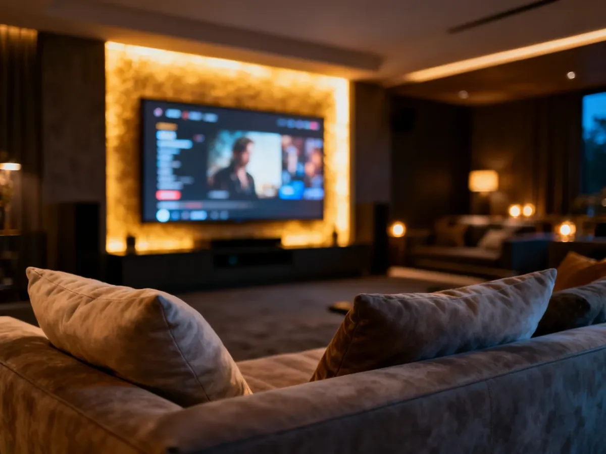 Nowoczesny salon z dużym telewizorem wyświetlającym interfejs filmowy, tworzący przytulną atmosferę kina domowego.