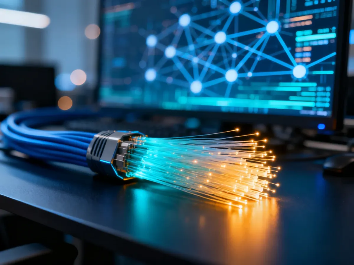 Światłowodowe kable przesyłające dane na tle cyfrowej sieci, symbolizujące nowoczesną łączność internetową.