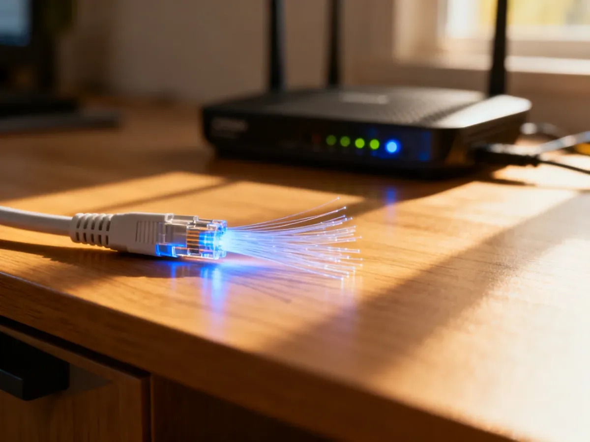 Światłowodowy kabel z jarzącymi się włóknami na tle domowego routera, symbolizujący dostęp do szybkiego internetu.