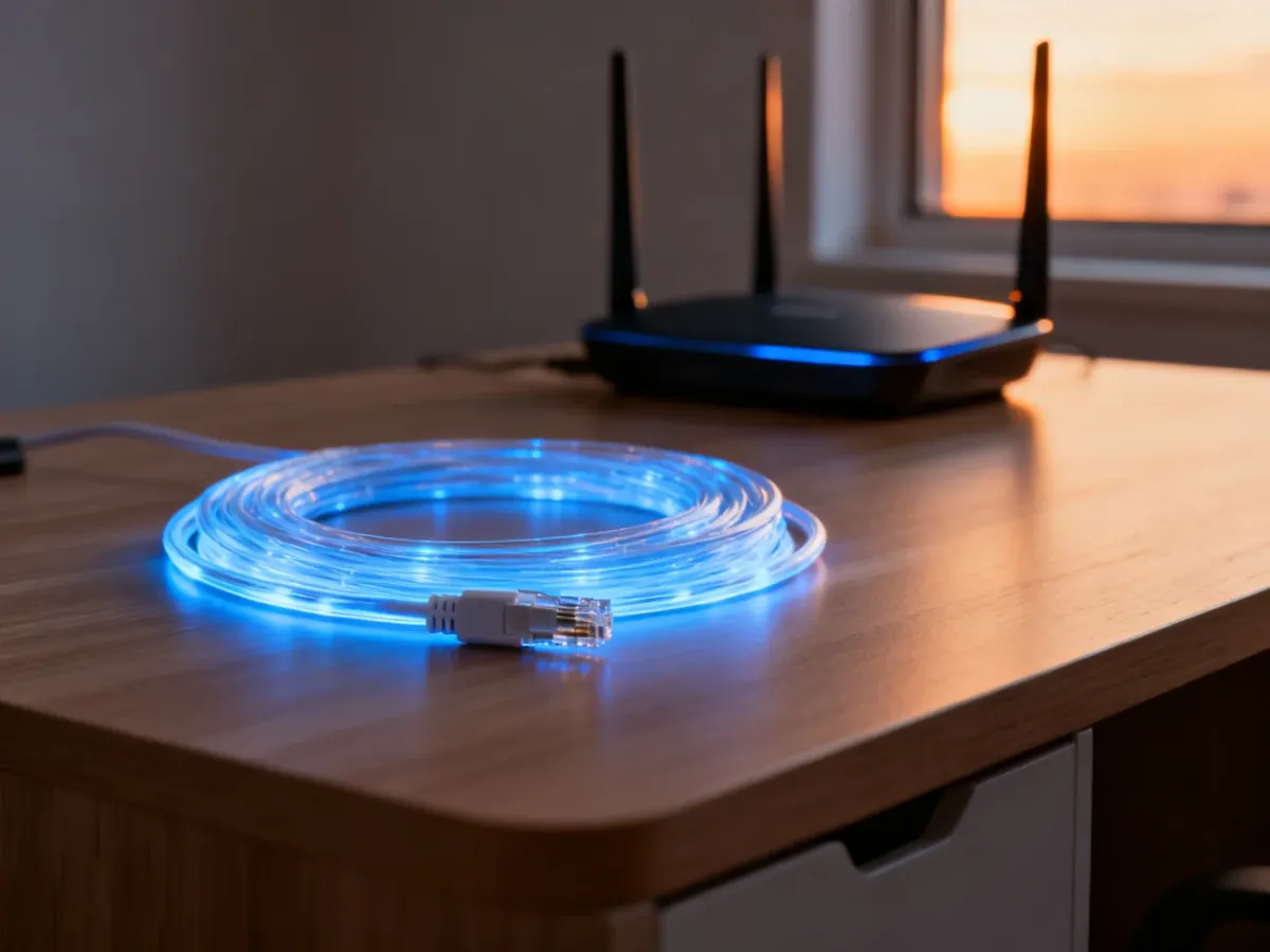 Zwinięty kabel światłowodowy na drewnianym biurku obok nowoczesnego routera Wi-Fi.