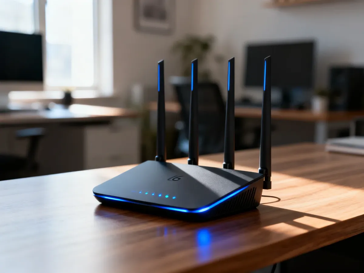 Nowoczesny router Wi-Fi 6 na drewnianym biurku w domowym biurze, gotowy do obsługi szybkiego internetu.